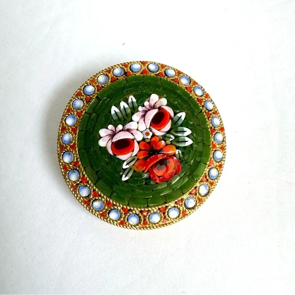 Vintage Micro Mosaic Brooch Green Rose Pin Signed Italy Italian Florentine - Picture 3 of 10